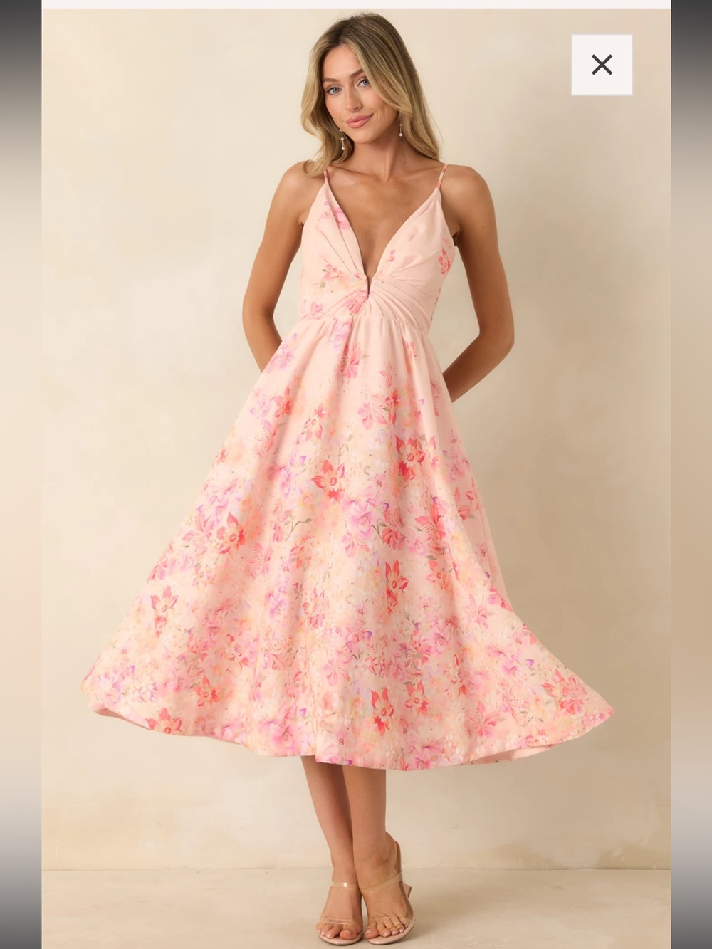 astr the label pink watercolor floral v-neck A-line midi summer sun dress small